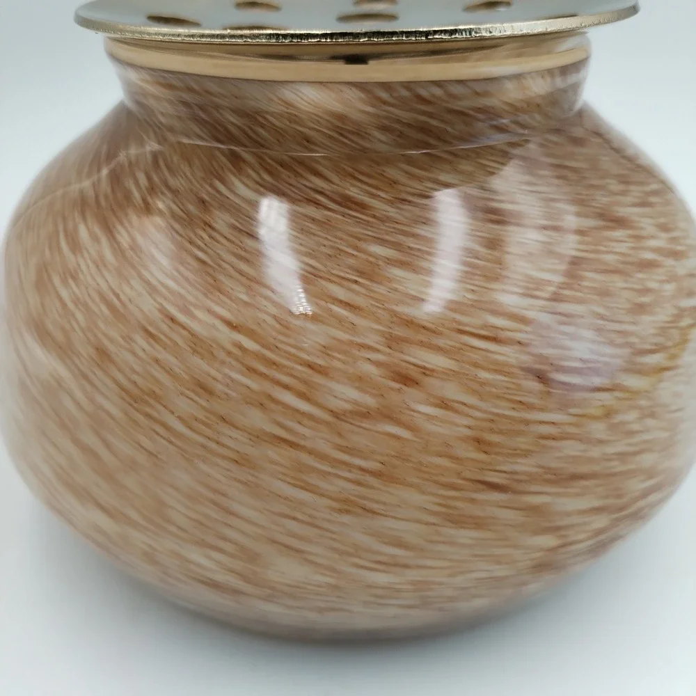 Anthropologie‎ Swirl Glass Rose Bowl Vase Cream Tan Flower Frog Insert Gold Tone